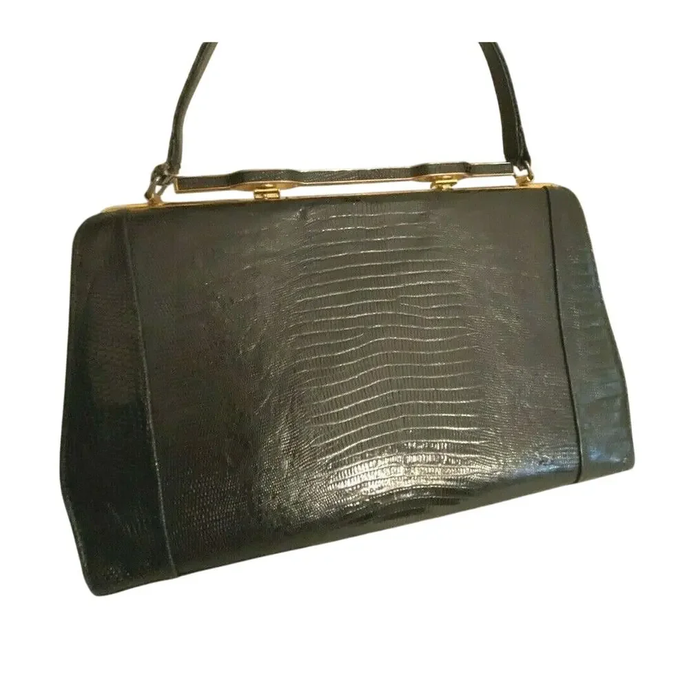 Vintage Mid Century Top Handle Purse Black / Brown Lizard Skin Textured Leather